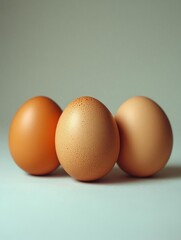 Three brown eggs arranged symmetrically on a soft gradient background, showcasing their texture