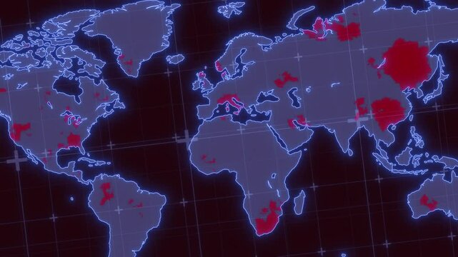 Geopolitical cyber map with glowing red danger zones, visualizing global security risks and emergency hotspots