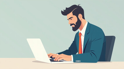 Busy businessman types away on his laptop with a hint of focused intensity on his face.