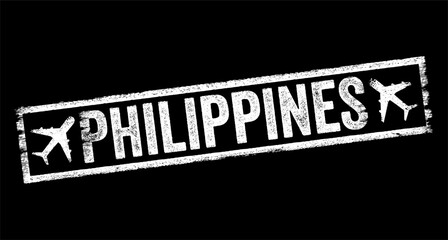 Philippines is an archipelago in Southeast Asia, comprising over 7,000 islands in the western Pacific Ocean, text emblem stamp with airplane