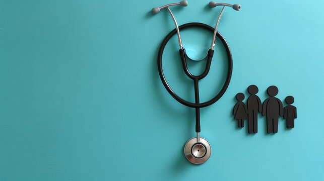 Aerial perspective of stethoscope on vibrant cyan background with 3d family health insurance icons