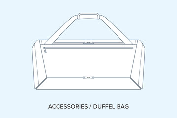 Blank Duffel Bag Technical Drawing, Accessory Blueprint for Fashion Designers. Detailed Editable Vector Illustration, Black and White Bags and Accessories Schematics, Isolated Background. 