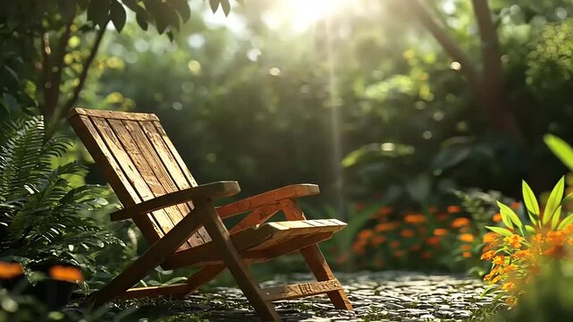 Serene wooden chair in a lush garden bathed in sunlight, surrounded by vibrant flowers and greenery