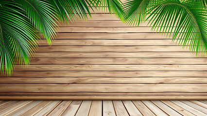 Tropical wooden backdrop with lush green palm leaves perfect for summer themed presentations natural wood paneling with vibrant tropical decor