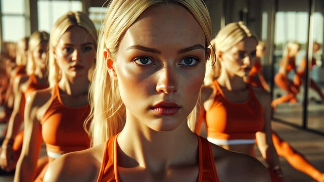 Group of female clones exercising together in a modern fitness studio during daylight hours, Group of female clones working out