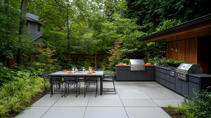 Obraz premium Modern Outdoor Patio With Dining Table And Built In Grill Amidst Lush Greenery During Daytime