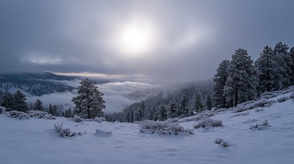 Snowy mountain vista, sun breaking through clouds, tranquil winter landscape