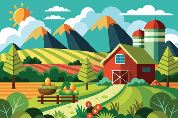 Fototapeta premium A picturesque farm features a red barn, green silos, and lush fields under a bright sunlit sky, Nature and farm landscape