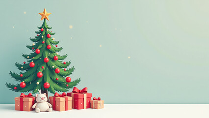 Placed beside Christmas tree are gift boxes and soft toys.