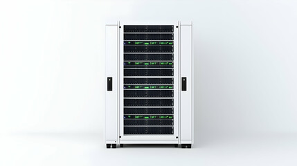 White Server Rack with Open Doors and Green Lights against White Background