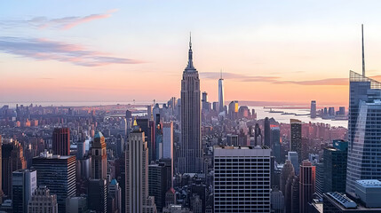 Dramatic Skyline View Of New York City Buildings At Sunset With Golden Hour Illumination