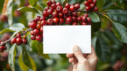Coffee farmer holding a blank white card in front of fresh coffee cherries on the branch, customizable message template in a coffee plantation