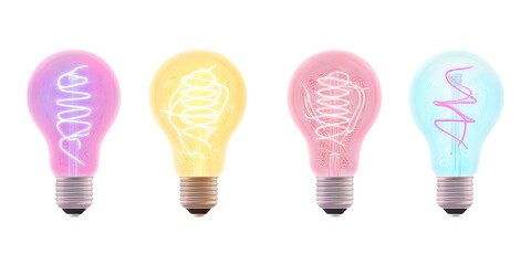 neon light bulbs set against a transparent background for futuristic design, creative branding, and modern lighting concepts