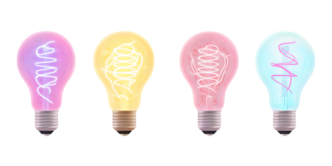 neon light bulbs set against a transparent background for futuristic design, creative branding, and modern lighting concepts