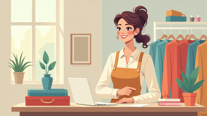 The female entrepreneur smiles while running her own clothing boutique with great enthusiasm daily.