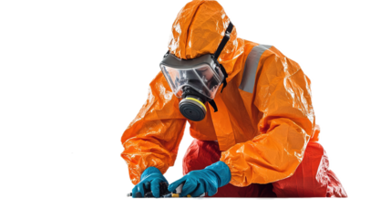 Hazardous materials specialist conducting safety operations in contaminated area industrial environment close-up view