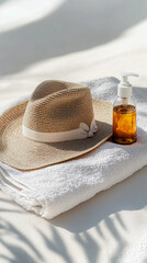 Spa Essentials with Towel, Hat, and Lotion Bottle