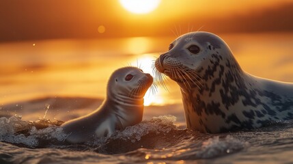 Seals swimming together at sunset in a serene coastal setting