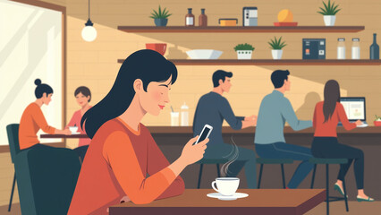 Woman uses phone during coffee break in busy cafe setting.