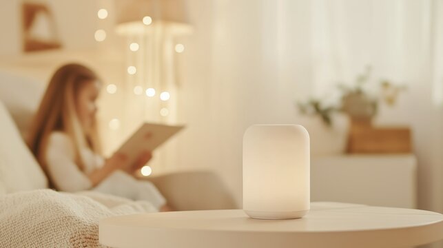 Warm ambient smart home lighting with child using tablet in cozy bedroom setting