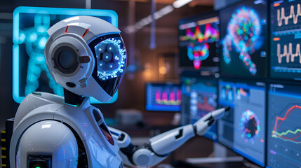 An advanced public health monitoring station tracking disease outbreaks via global AI systems.

