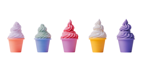 volorful soft serve ice cream in pastel cups against a transparent background for dessert branding and sweet designs