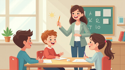 Young students learn phonics sounds during a fun elementary school class activity led by their enthusiastic teacher.