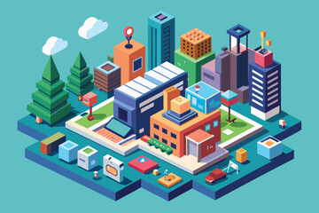 A vibrant isometric depiction of a customizable urban environment with colorful buildings and greenery, New entries Customizable Isometric Illustration