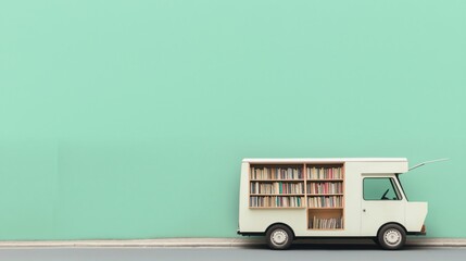 Mobile library van against pastel green wall: minimalist urban design