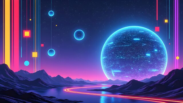 The blending of neon and digital landscapes