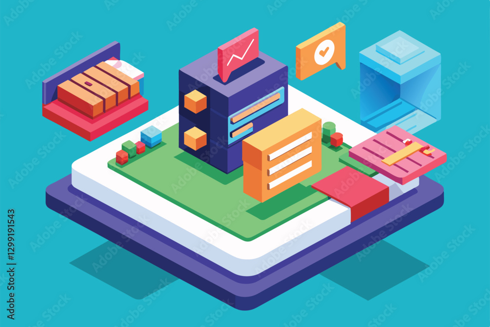 Poster an isometric representation features various customizable messaging elements in a virtual environmen