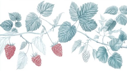 Obraz premium Elegant Raspberry Branch Illustration - Delicate Botanical Art Print