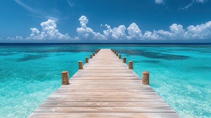 Obraz premium Tropical wooden pier extending into turquoise ocean under a vivid sky