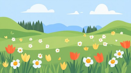 Springtime Meadow with Vibrant Flowers and Rolling Hills