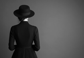 Black-and-white photograph of a woman in a black dress, wearing a hat, facing away from the camera, in a studio setting with a plain background, leaving space for copy or text