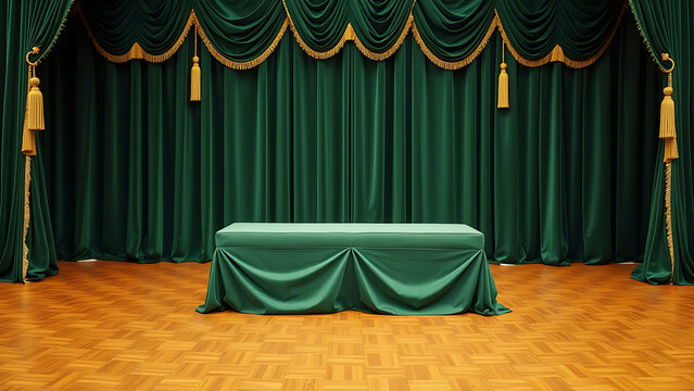 Green curtains with a table setup on a stage event decoration for formal occasions elegant indoor setting with luxurious drapery and green theme