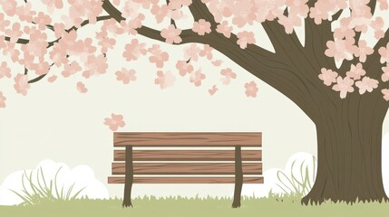 Serene Cherry Blossom Park Scene with Wooden Bench.  A peaceful spring park with a wooden bench and beautiful cherry blossoms.