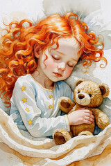 The portrait of the sleeping pretty girl with the bright curled hair. AI illustration in watercolor style.