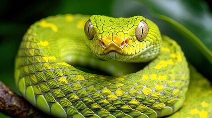 Fototapeta premium Venomous green pit viper coiled, jungle backdrop