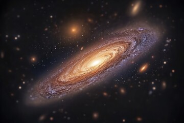 Naklejka premium A spiral galaxy with bright center and swirling arms amidst numerous stars and other galaxies, creating a vivid cosmic landscape in space