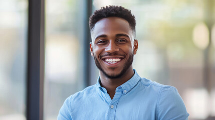 Fototapeta premium Portrait of handsome man in blue shirt with smiling face.