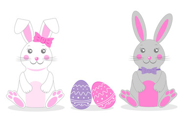 Cute cartoon bunnies with colorful Easter eggs for festive spring celebrations