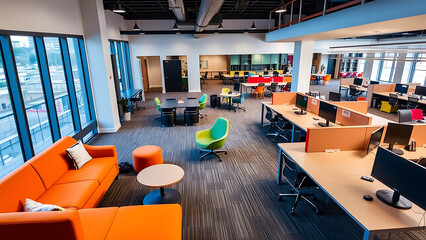 Modern co-working space with vibrant orange sofas and open workspace colorful office environment with natural lighting and contemporary design