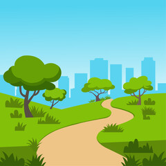 Obraz premium Serene park path leading to a city skyline.