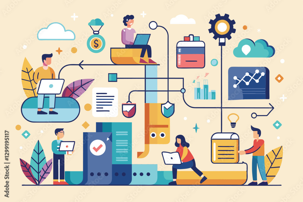 Aufkleber various characters engaged in project planning and execution using technology and visual elements, n