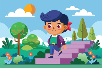Fototapeta premium A cheerful child walks up steps surrounded by trees and flowers under a sunny sky, Next steps Customizable Cartoon Illustration