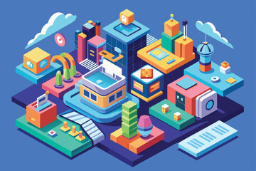 A colorful isometric illustration showcases a lively cityscape with diverse structures and unique features, Next steps Customizable Isometric Illustration