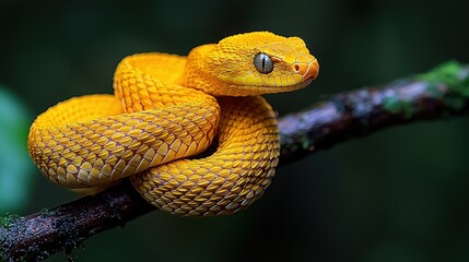 Fototapeta premium Venomous Yellow Viper on Branch in Rainforest