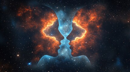 Obraz premium Cosmic connection, two faces silhouettes, space nebula background, meditation/inspiration
