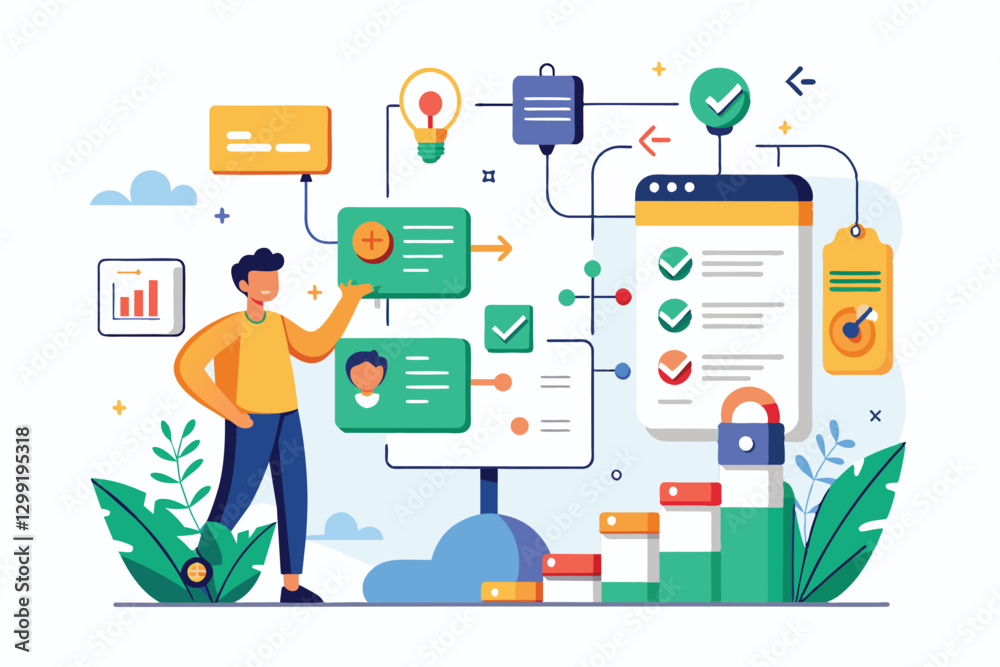 Poster a person interacts with a visual workflow showing customizable task steps, progress indicators, and 
